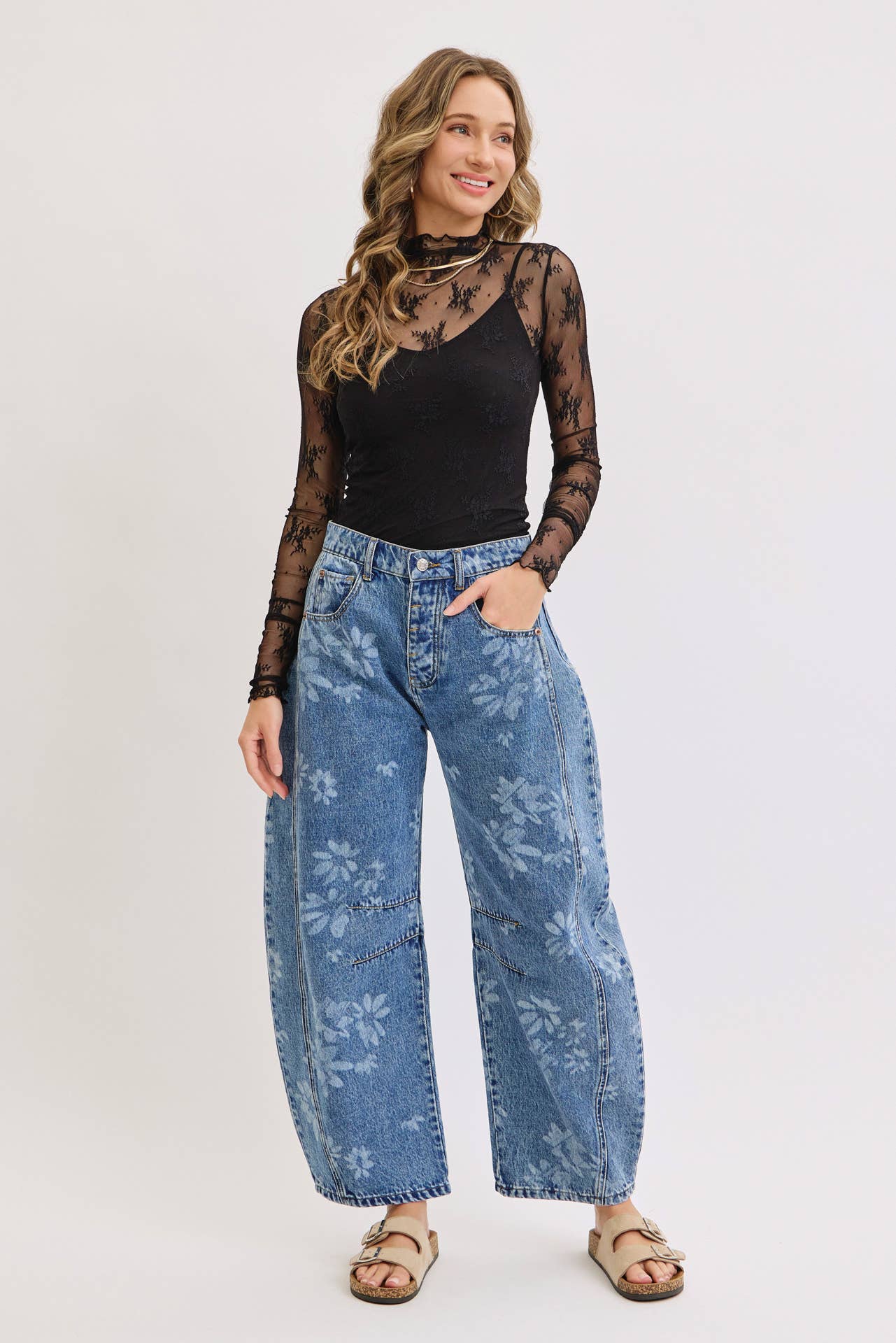 True Icon Floral Denim Barrel Jeans