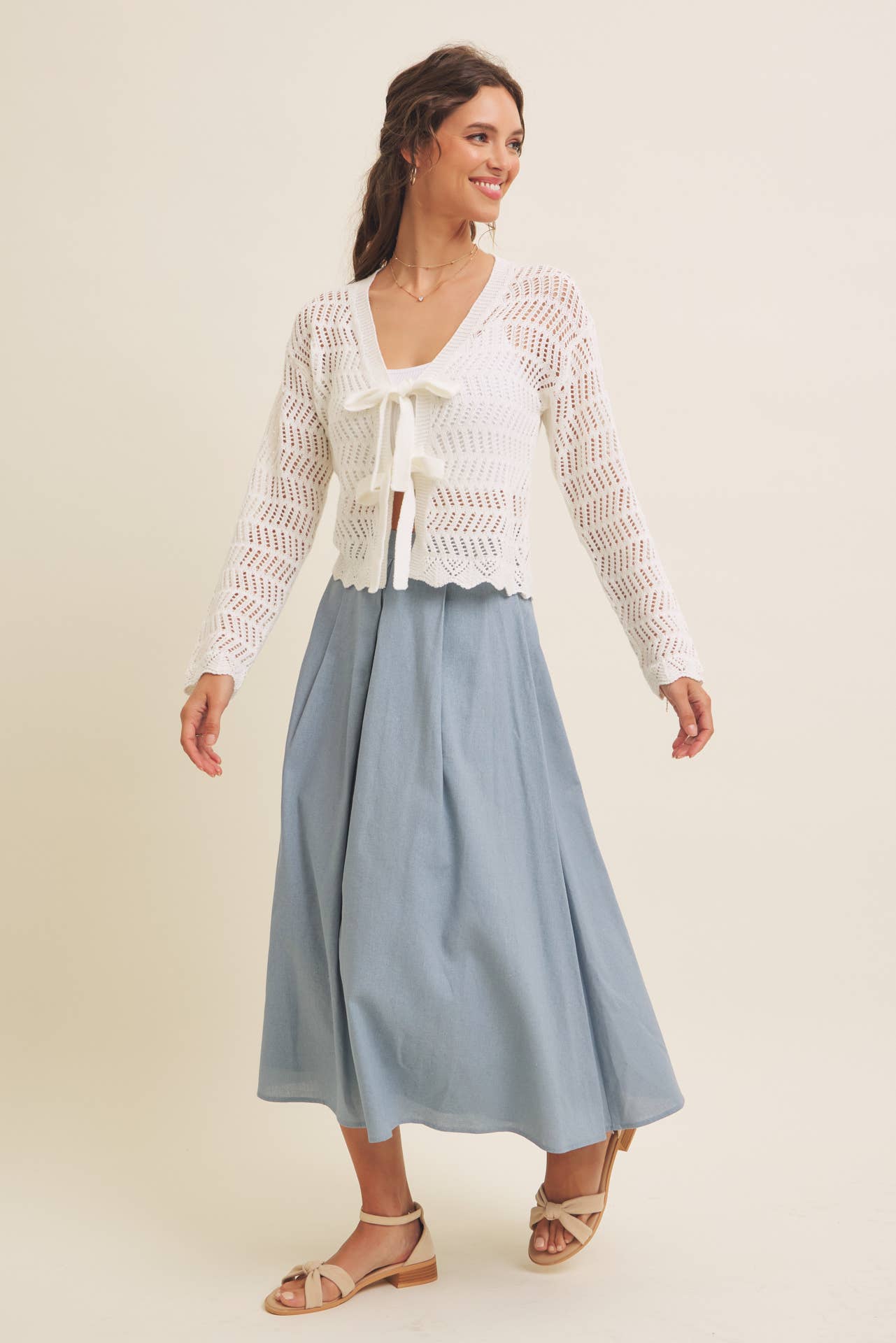 Time Flies (White) Crochet Bow Tie Cardigan