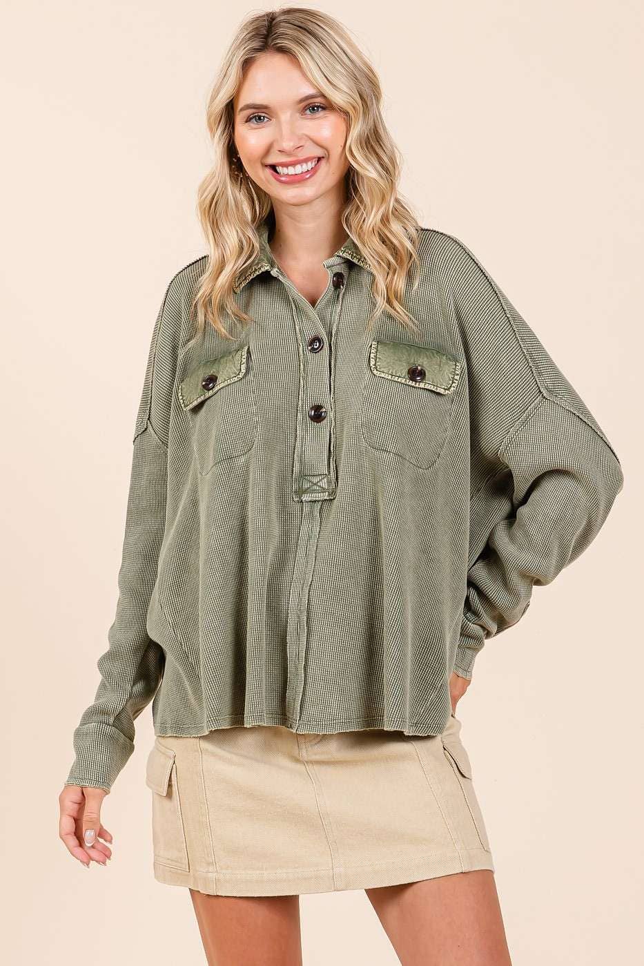 There She Goes (Olive) Waffle Henley Top