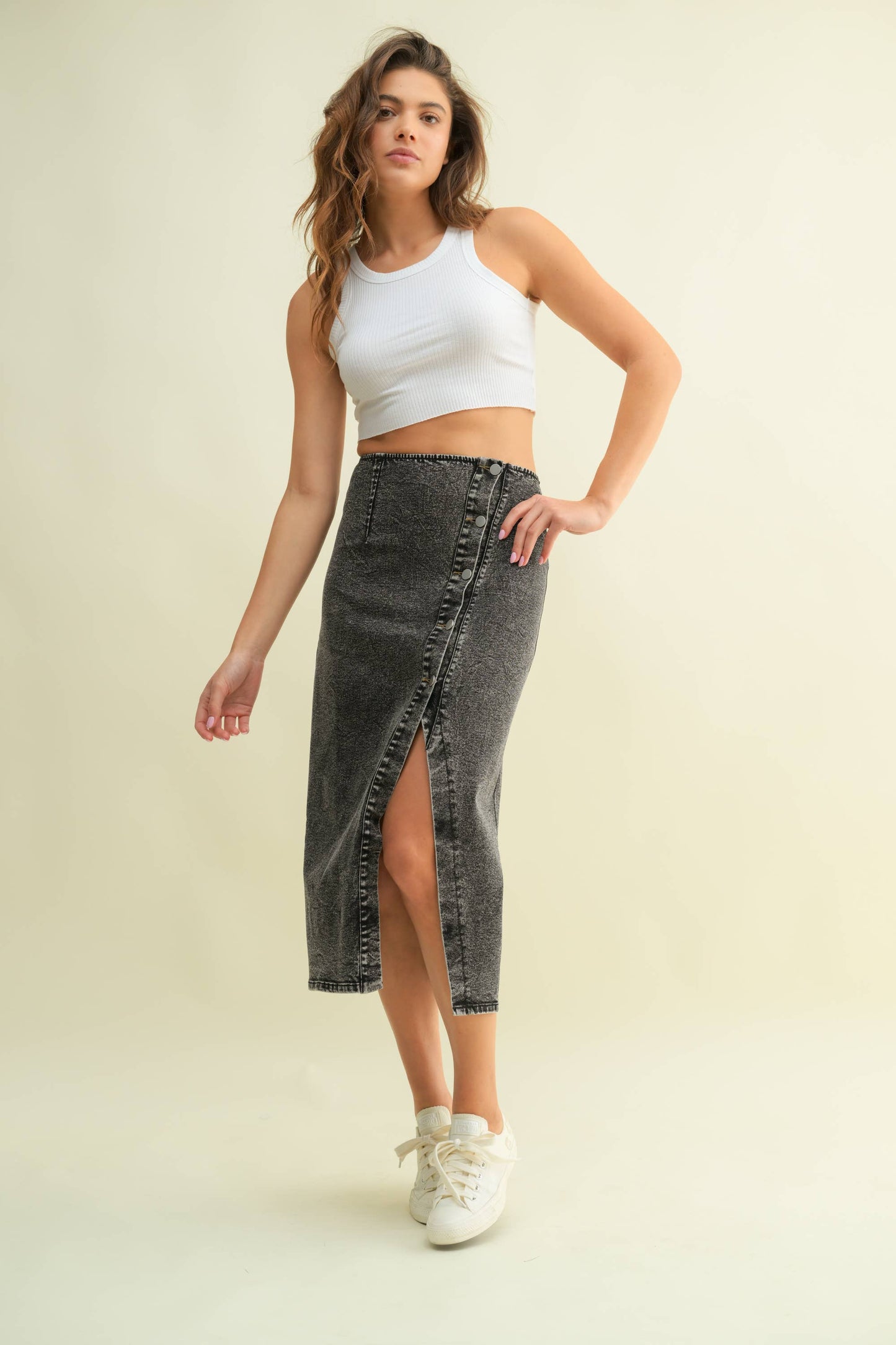 Going Offline (Black) Denim Midi Skirt