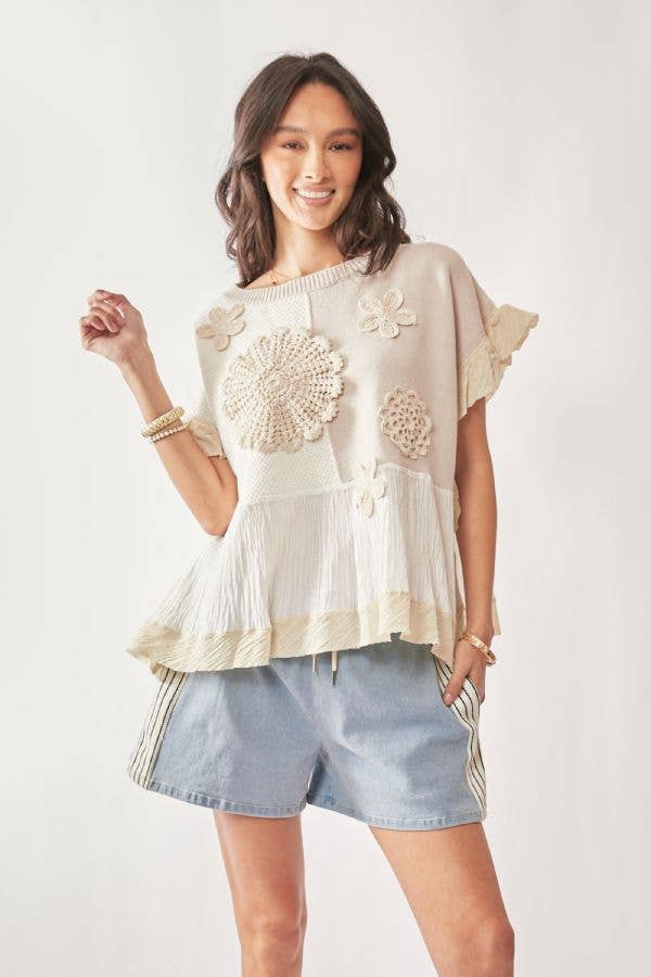 One & Only (Tan) Sweater Boho Ruffle Top