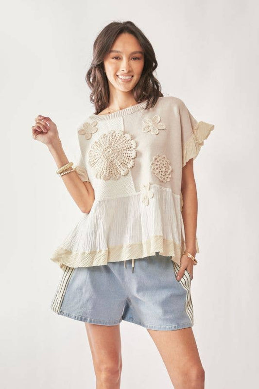 One & Only (Tan) Sweater Boho Ruffle Top