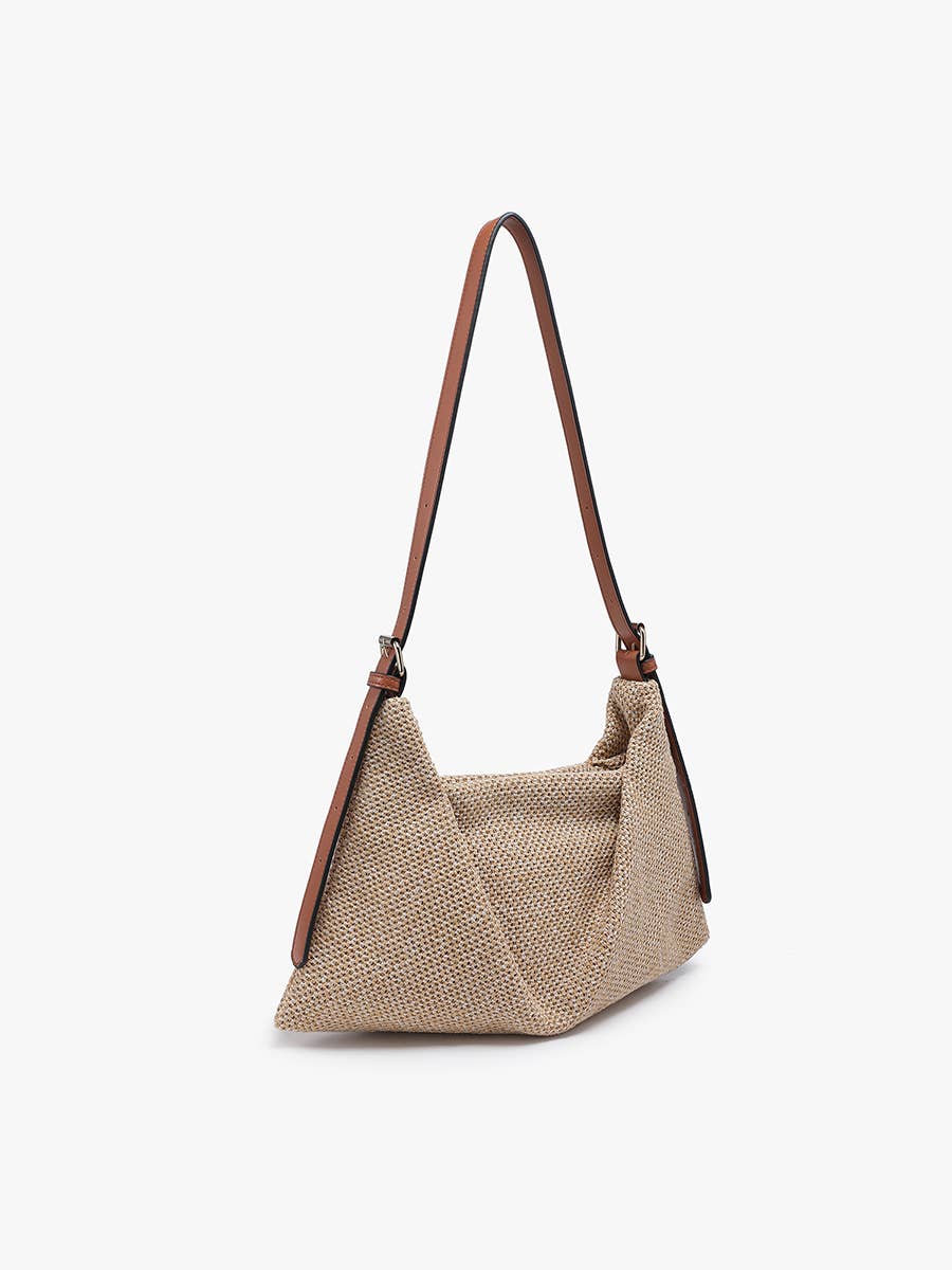 Samantha Soft Straw Woven Shoulder Bag w/ Snap Closure: Natural/Brown