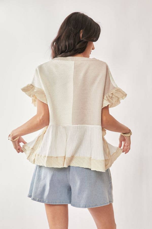 One & Only (Tan) Sweater Boho Ruffle Top