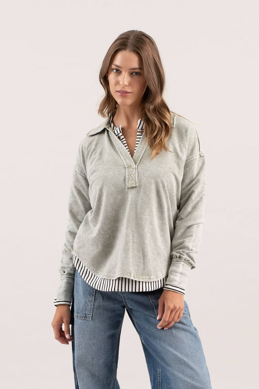 Family Ties (Olive) Min Wash Collar Top