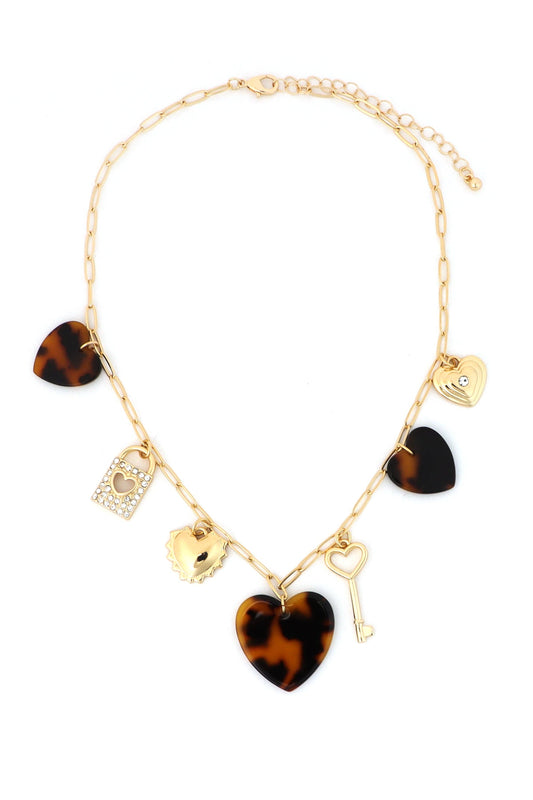 Tortoise Heart and Key Charms Necklace