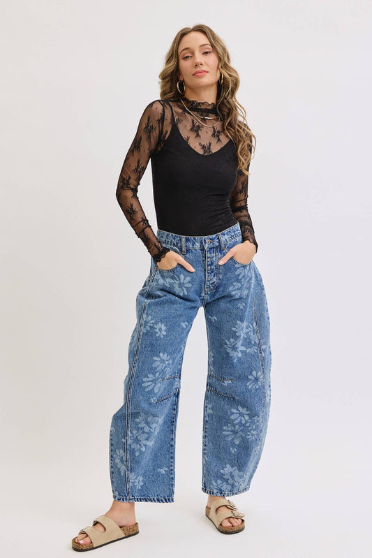 True Icon Floral Denim Barrel Jeans
