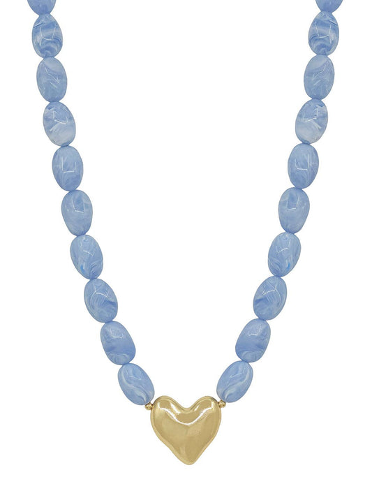 Light Blue Beaded Necklace with Gold Heart