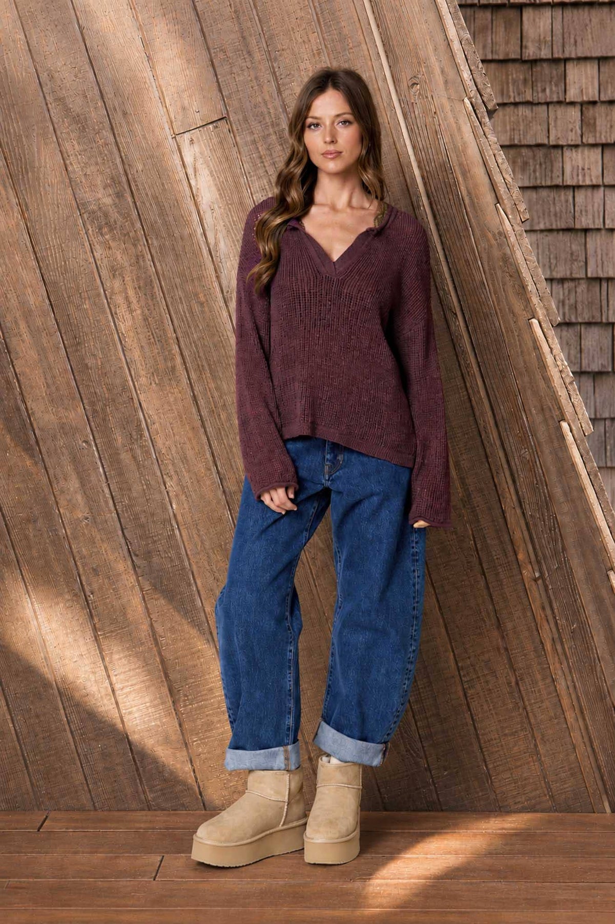 Knit To Be (Plum) Split Neck Sweater