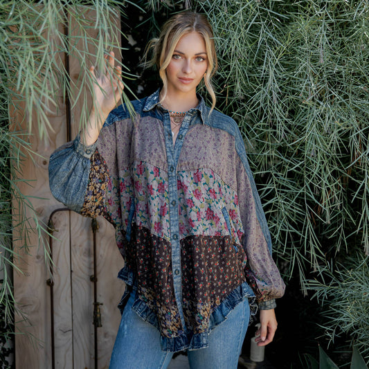 Country Charm Denim & Floral Patch Shirt