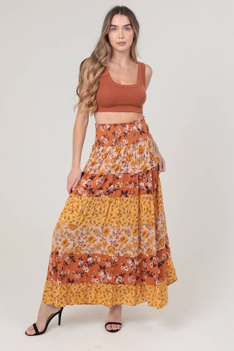 Pumpkin Spice Floral Tiered Maxi Skirt