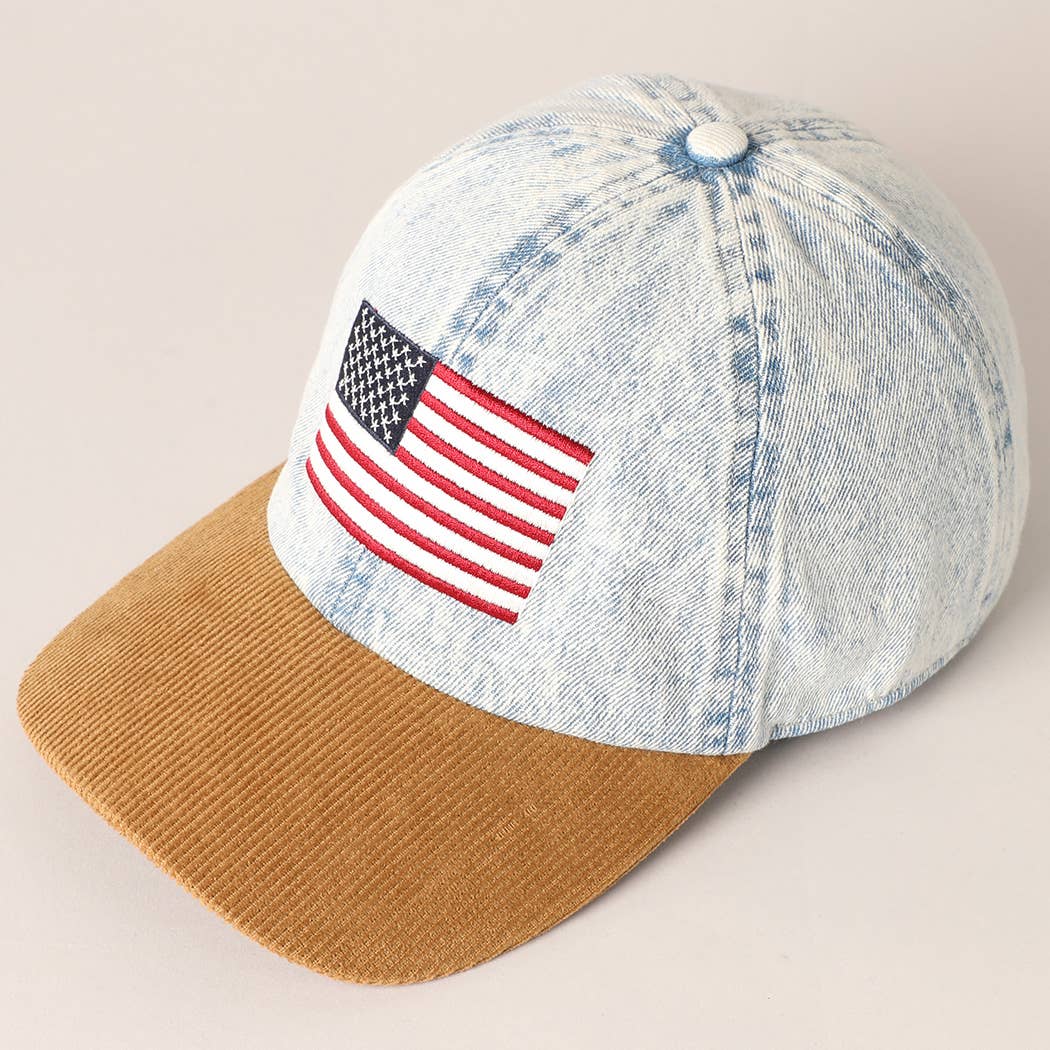 Embroidered US Flag Denim & Corduroy Hat