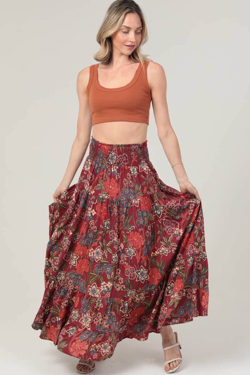 Boho Bloom (Wine) Floral Tiered Skirt