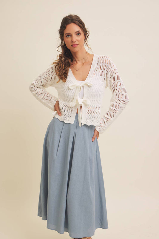 Time Flies (White) Crochet Bow Tie Cardigan