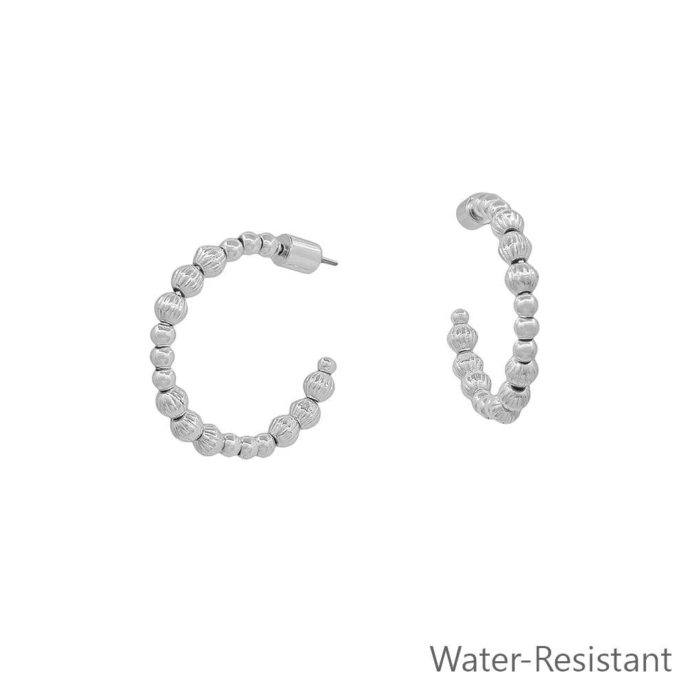 Water Resistant Silver Bead 1" Hoop Earring