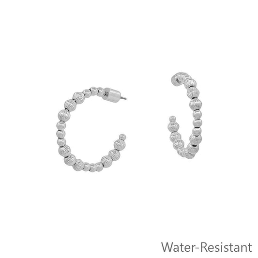 Water Resistant Silver Bead 1" Hoop Earring