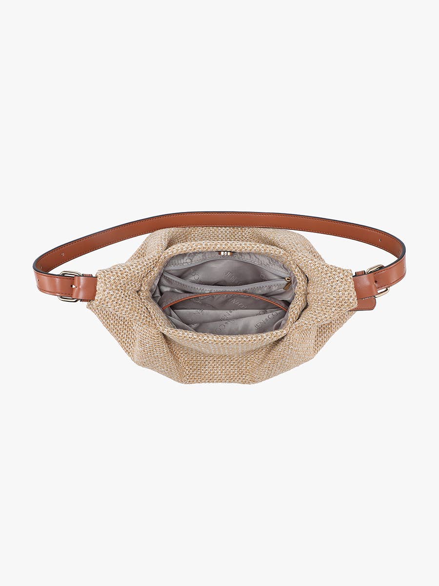 Samantha Soft Straw Woven Shoulder Bag w/ Snap Closure: Natural/Brown