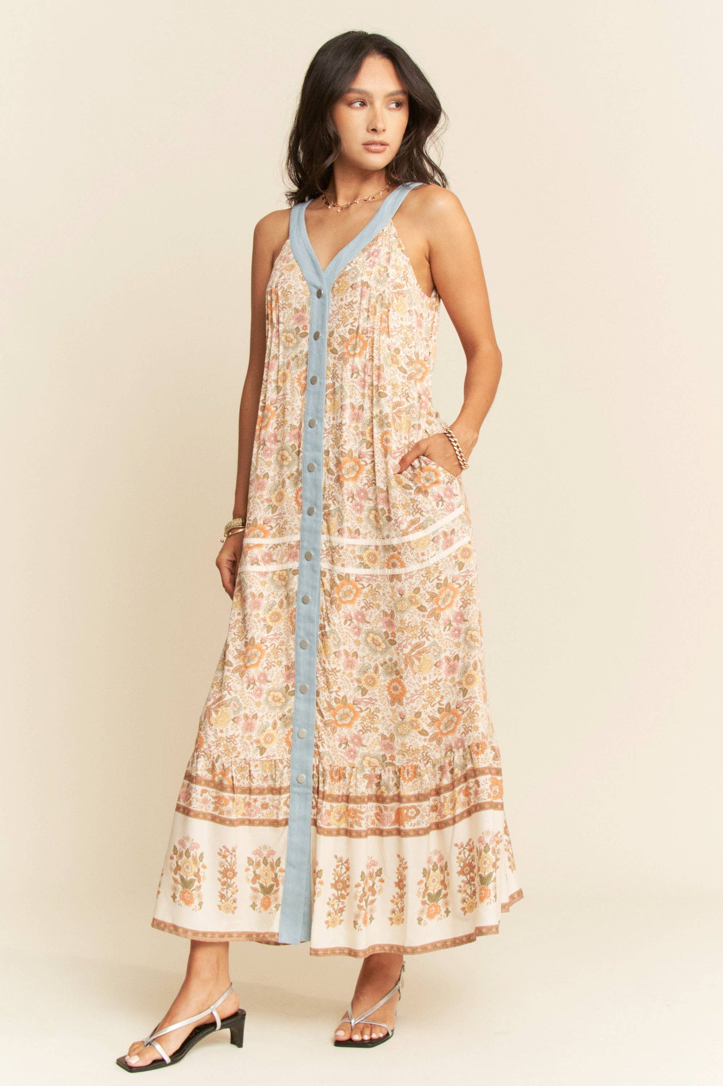 High Noon Floral Denim Trim Dress