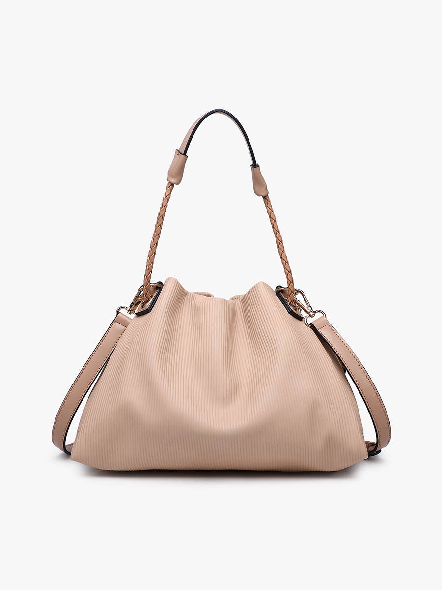 Aaliyah Pleated Drawstring Bucket Bag: Taupe