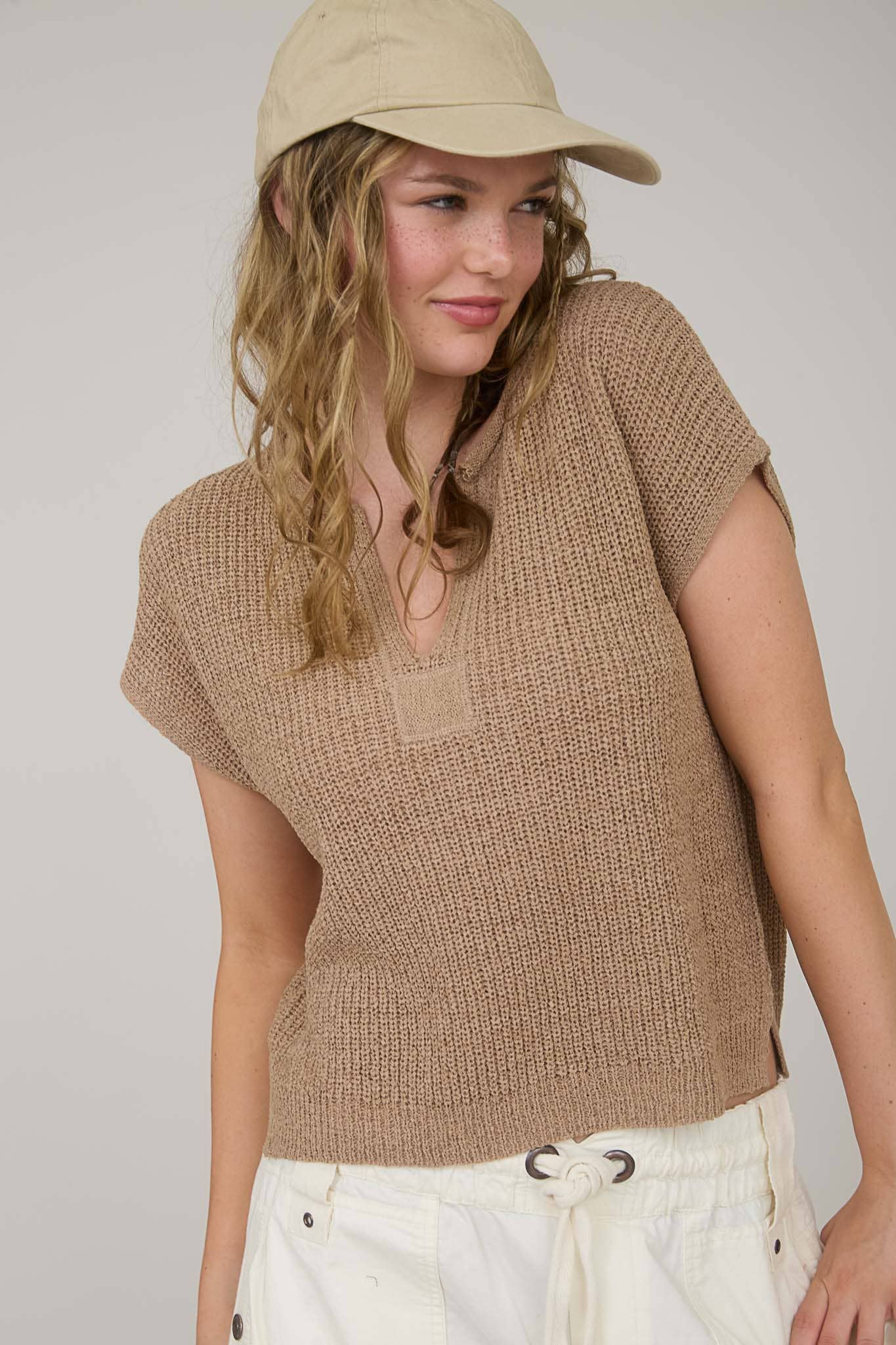 Day Trip (Taupe) SS Split Neck Sweater