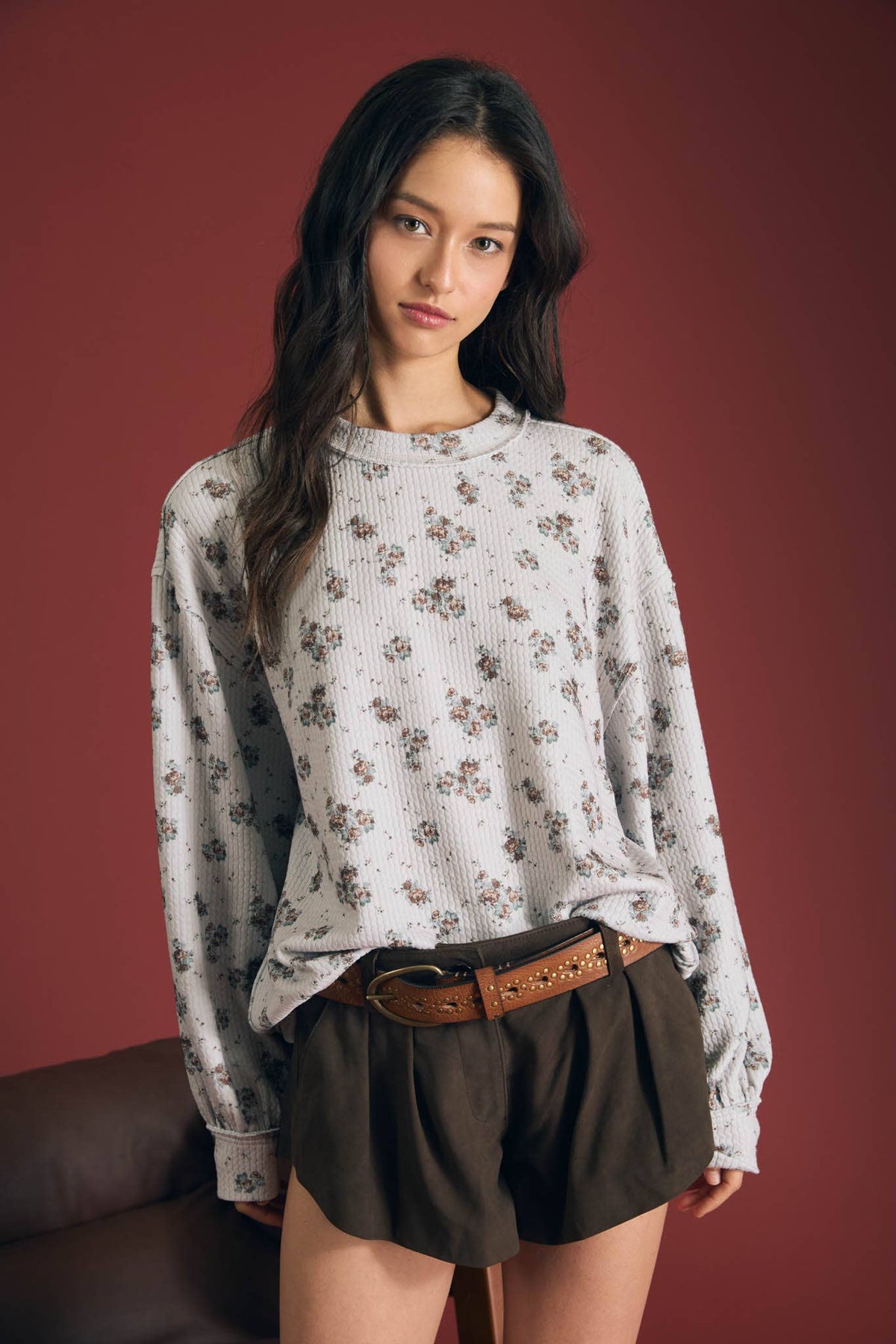 In Good Time (Grey) Floral Dot Knit Top