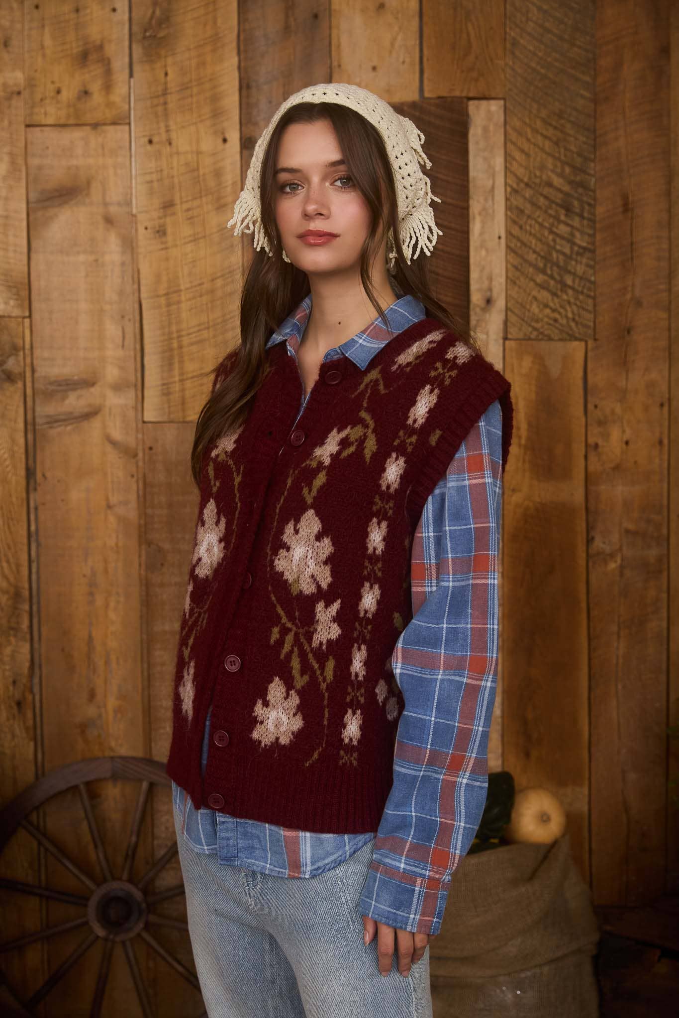 Autumn Hike (Wine) Floral Sweater Vest