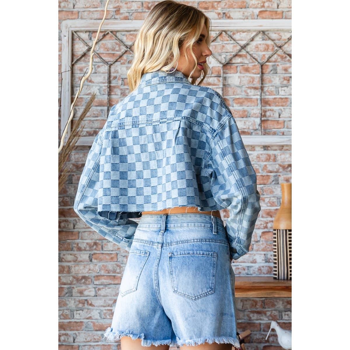 Checked Out Crop Check Denim Jacket