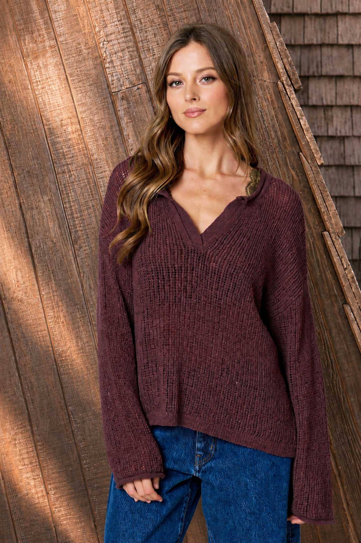 Knit To Be (Plum) Split Neck Sweater