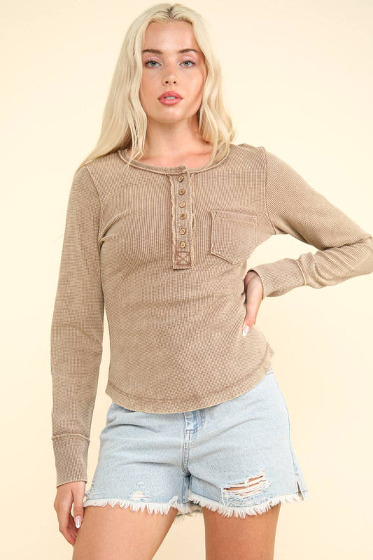 First Chance (Mocha) Waffle Henley Top