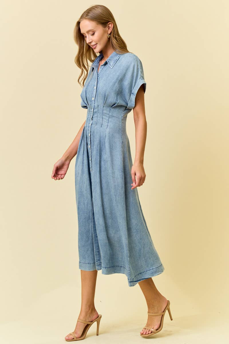 Pretty Pleats Tencel Denim Midi Dress