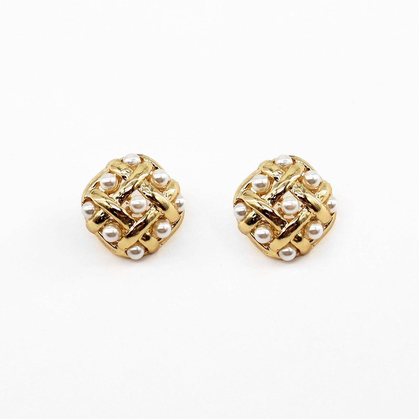 Gold Woven and Pearl Square Studded Earring