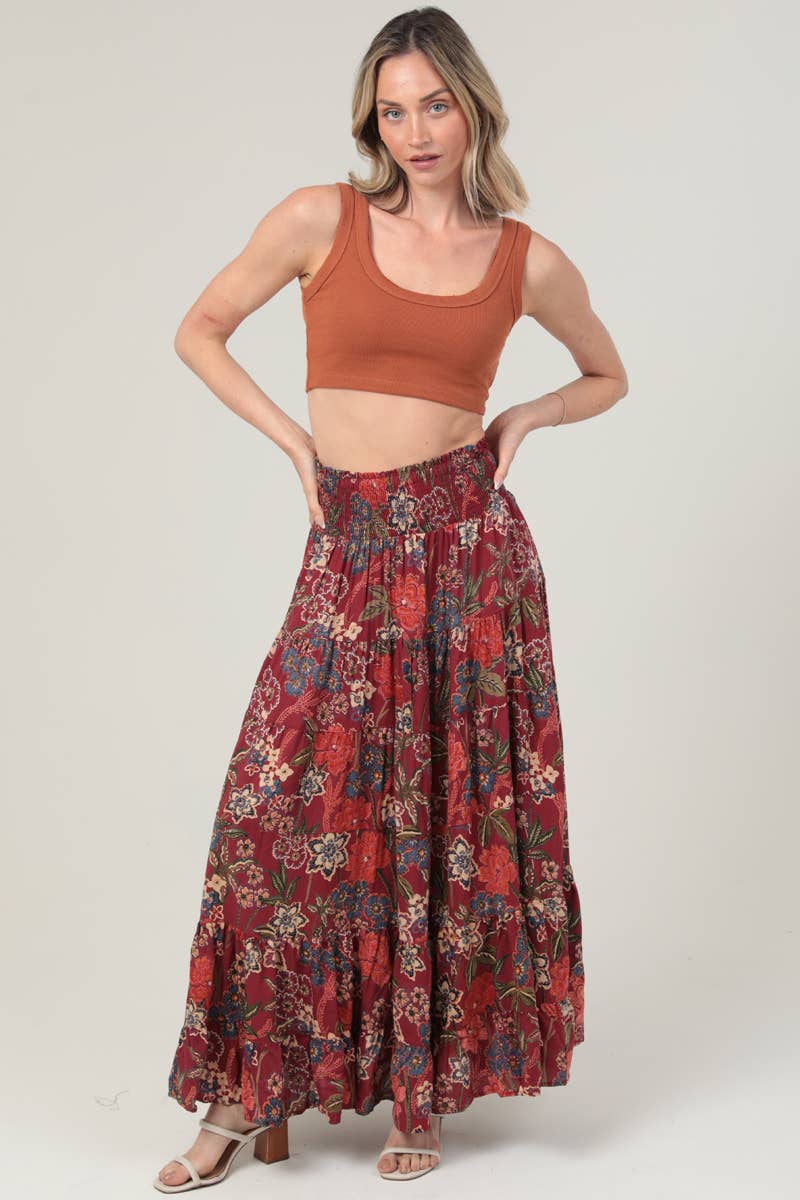 Boho Bloom (Wine) Floral Tiered Skirt