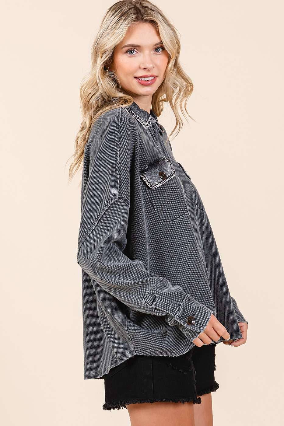 There She Goes (Black) Waffle Henley Top