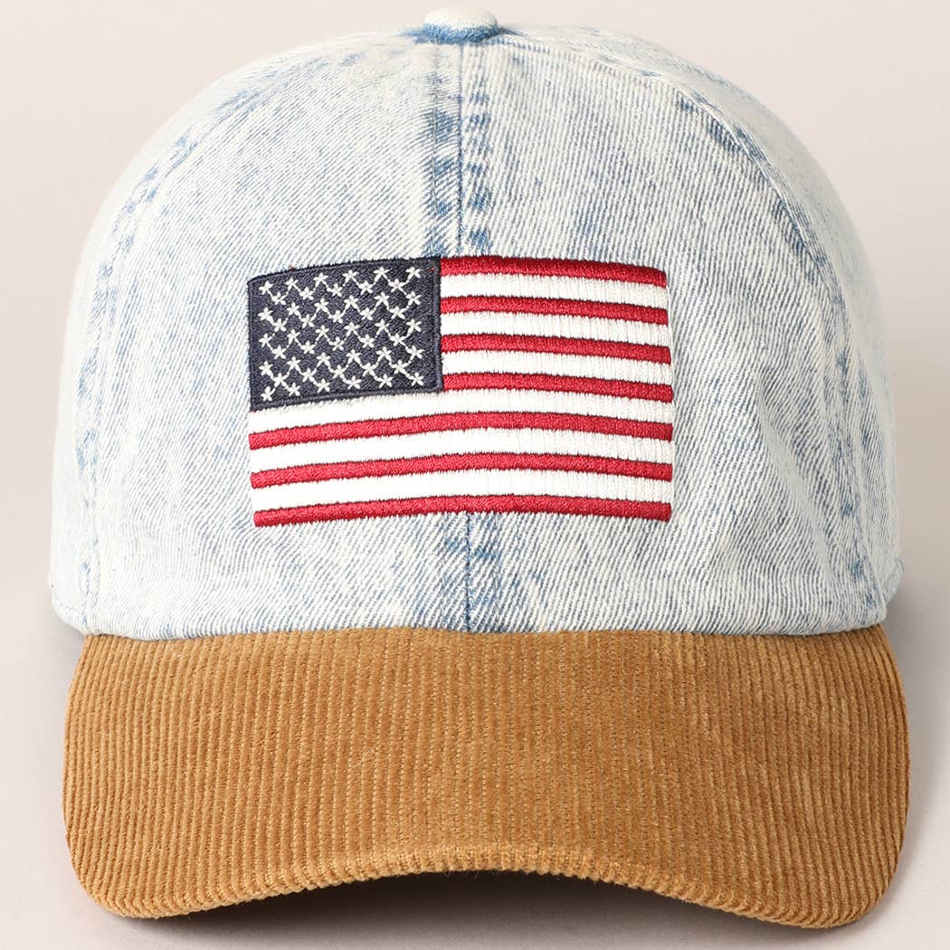 Embroidered US Flag Denim & Corduroy Hat