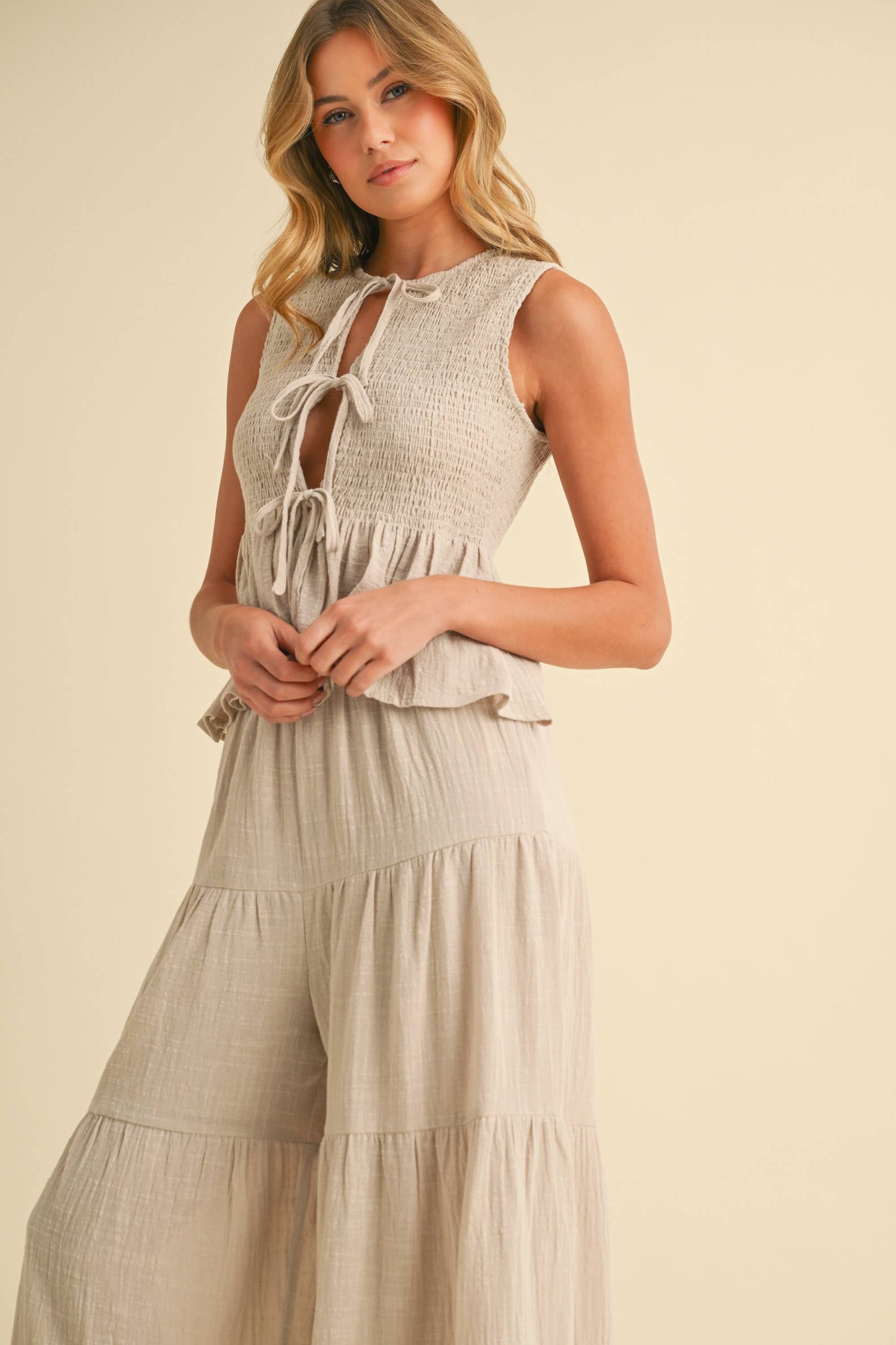 Sweet Beginnings Peplum Gauze Tie Top