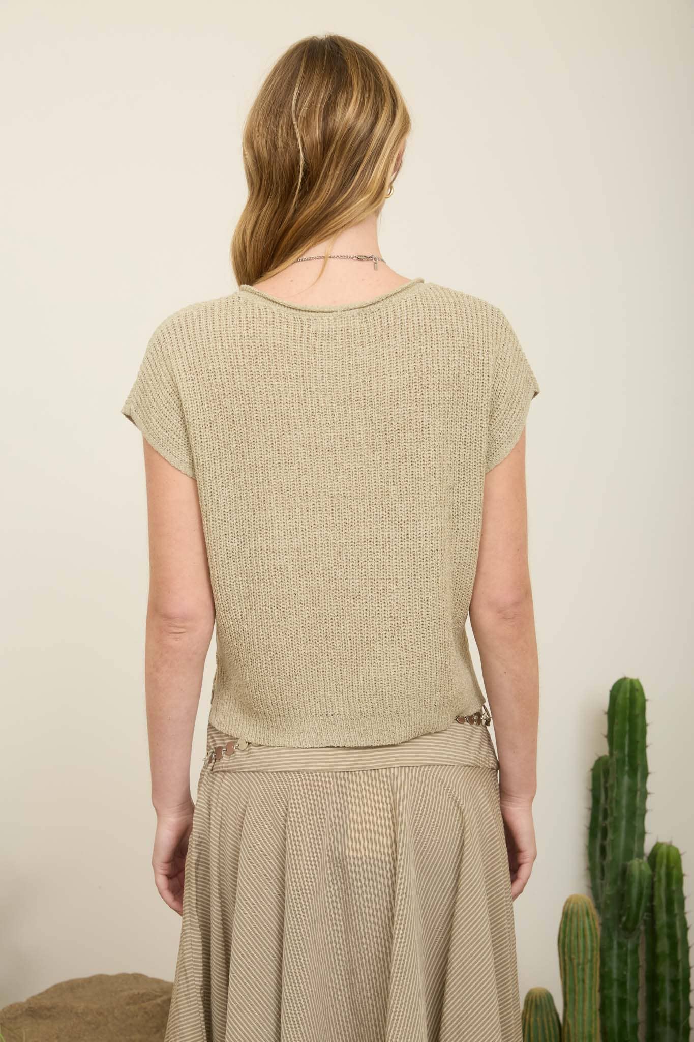Day Trip (Lt Olive) SS Split Neck Sweater