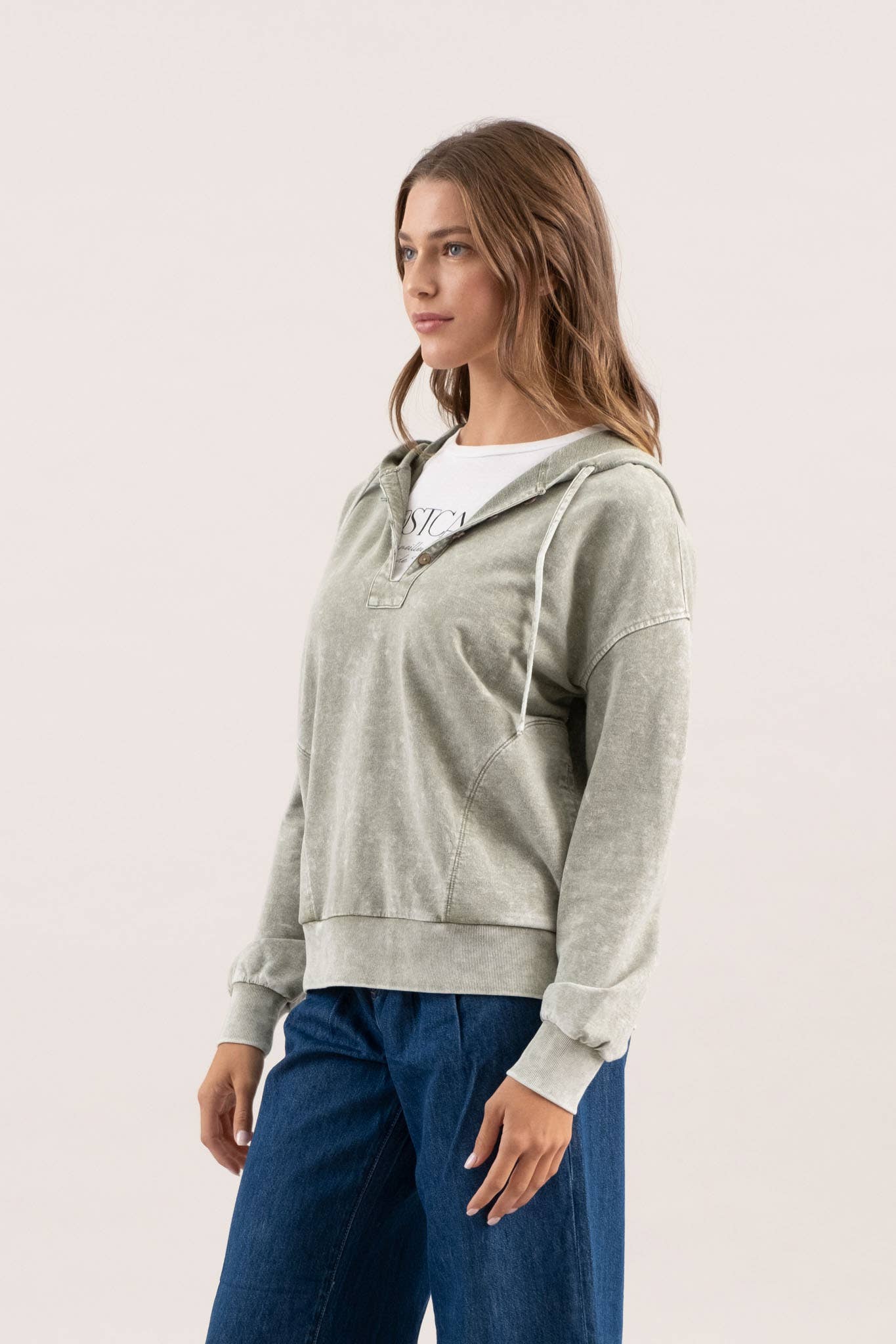 Casual Cutie (Olive) Wash Hooded Henley