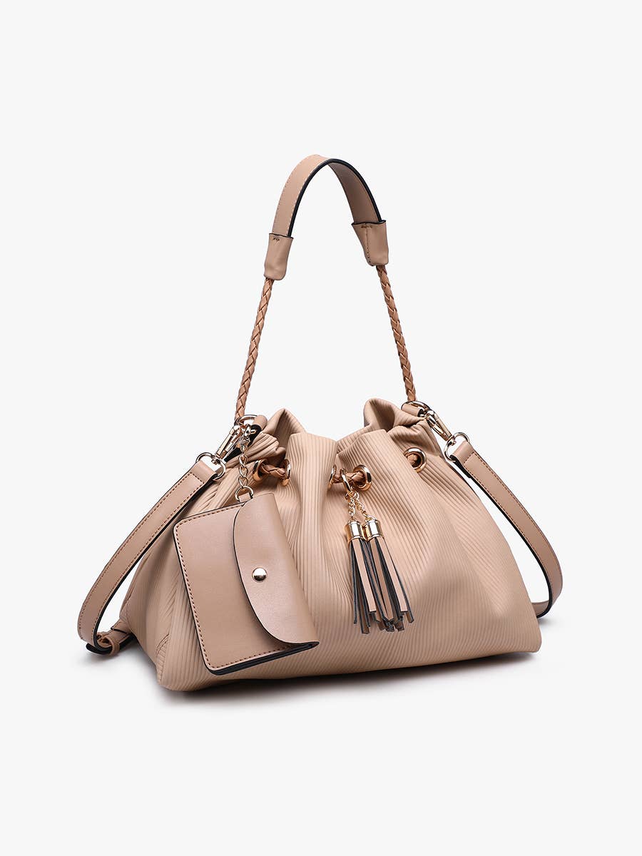 Aaliyah Pleated Drawstring Bucket Bag: Taupe