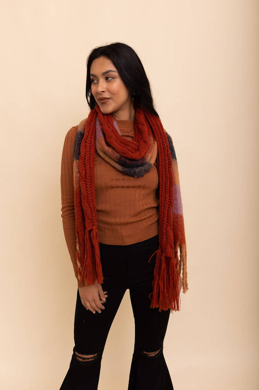 Cozy Knit (Rust) Dual Texture Plaid Scarf