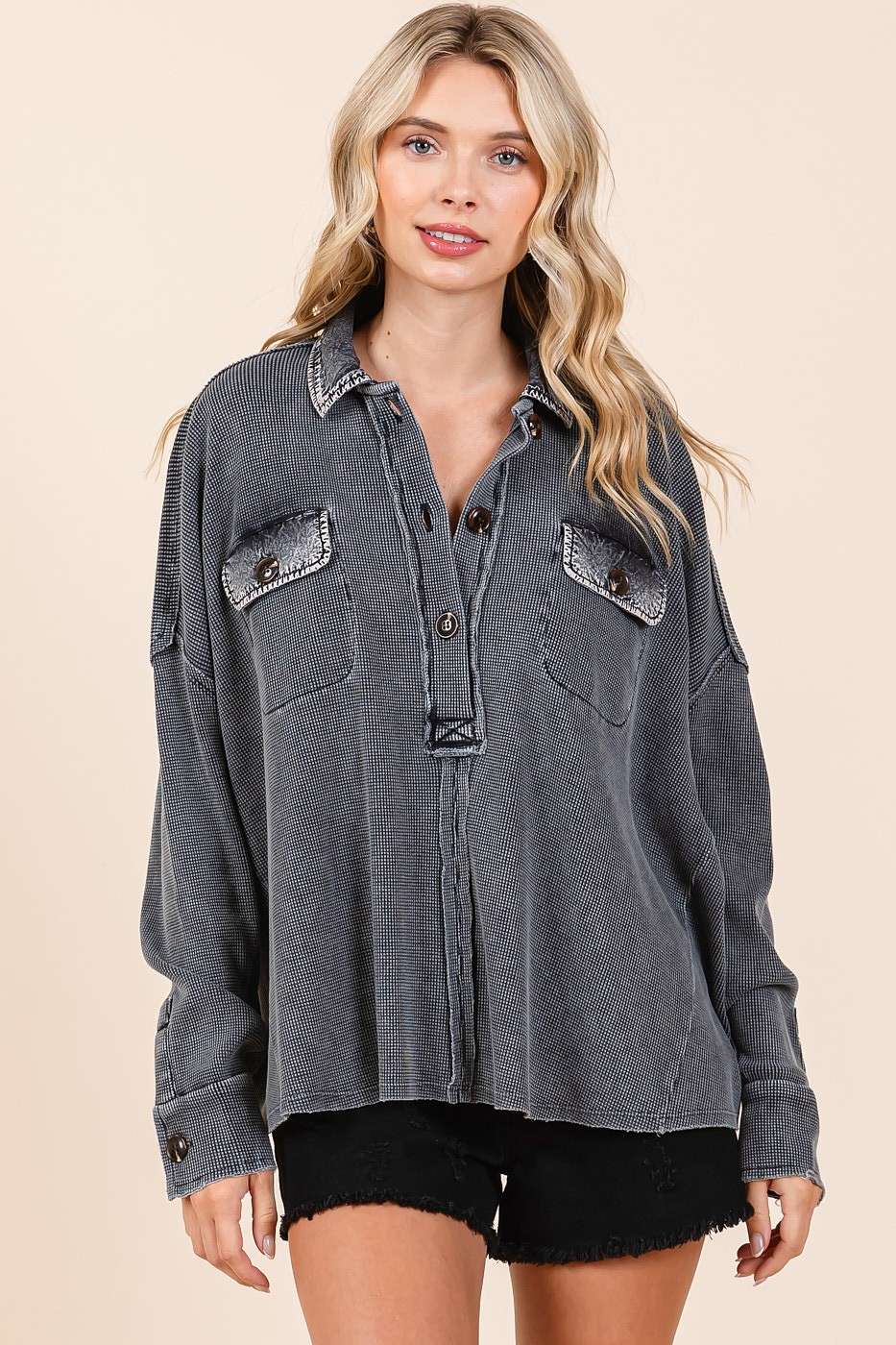 There She Goes (Black) Waffle Henley Top