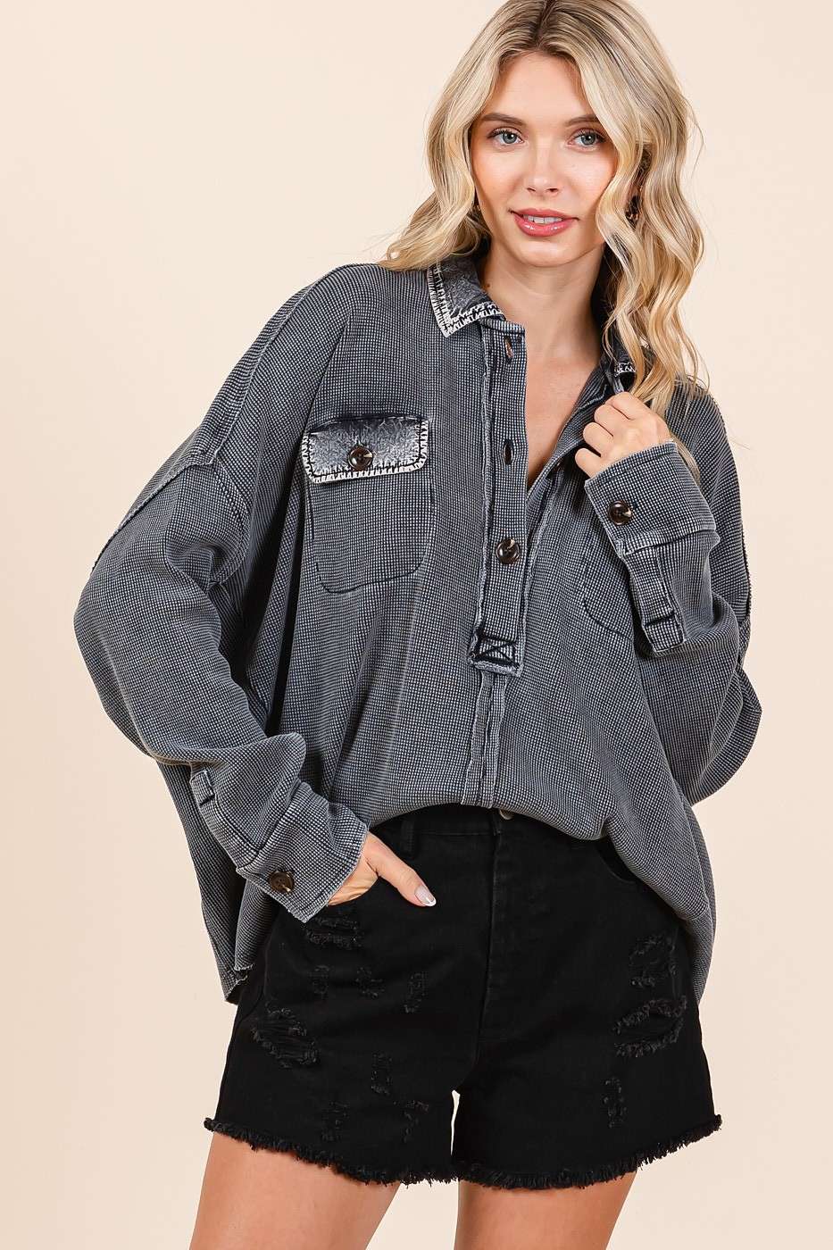 There She Goes (Black) Waffle Henley Top