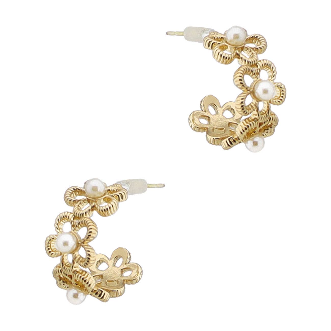 Gold Open Flower with Pearl Hoop Earring