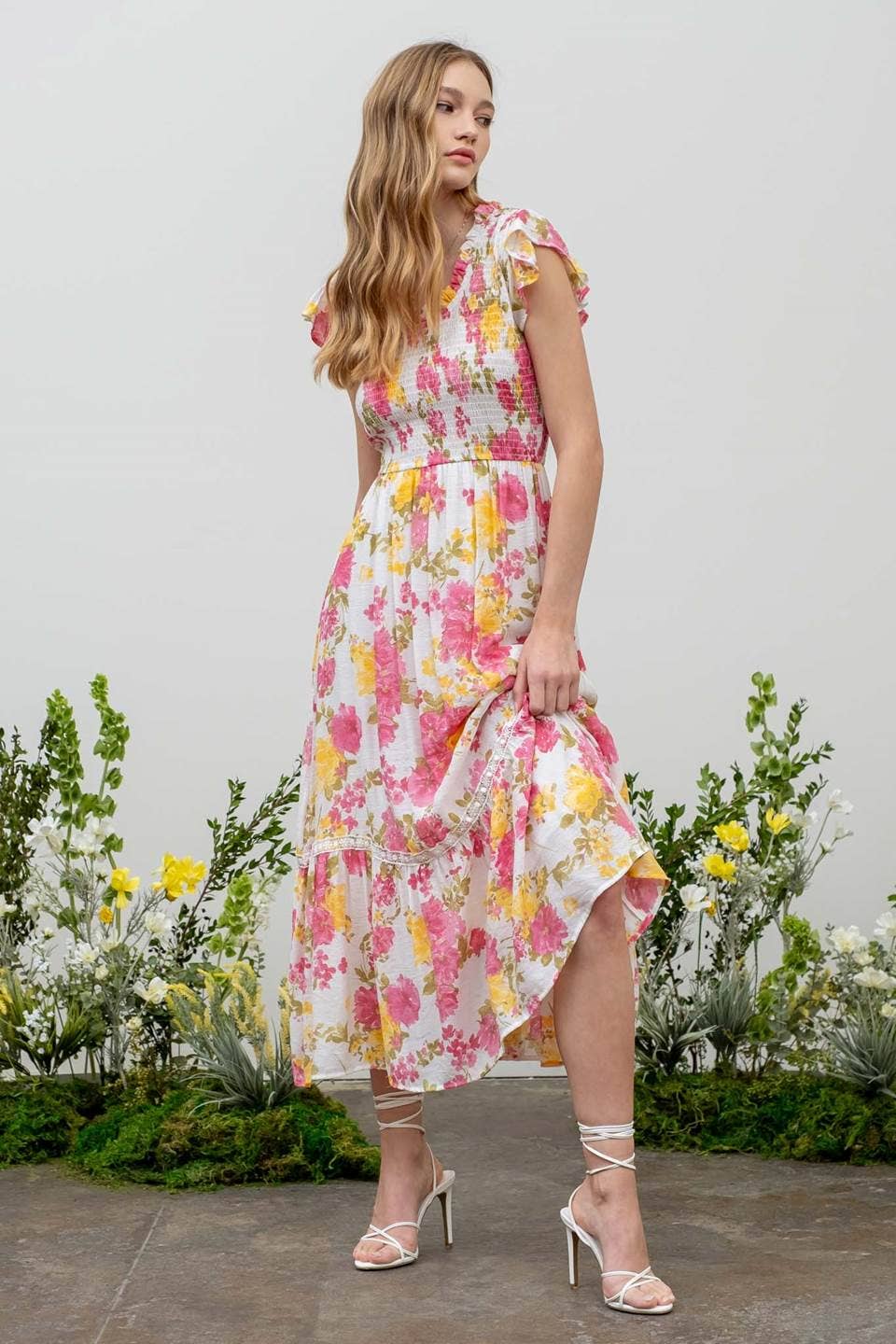 Spring Blooms Floral Smocked Midi Dress