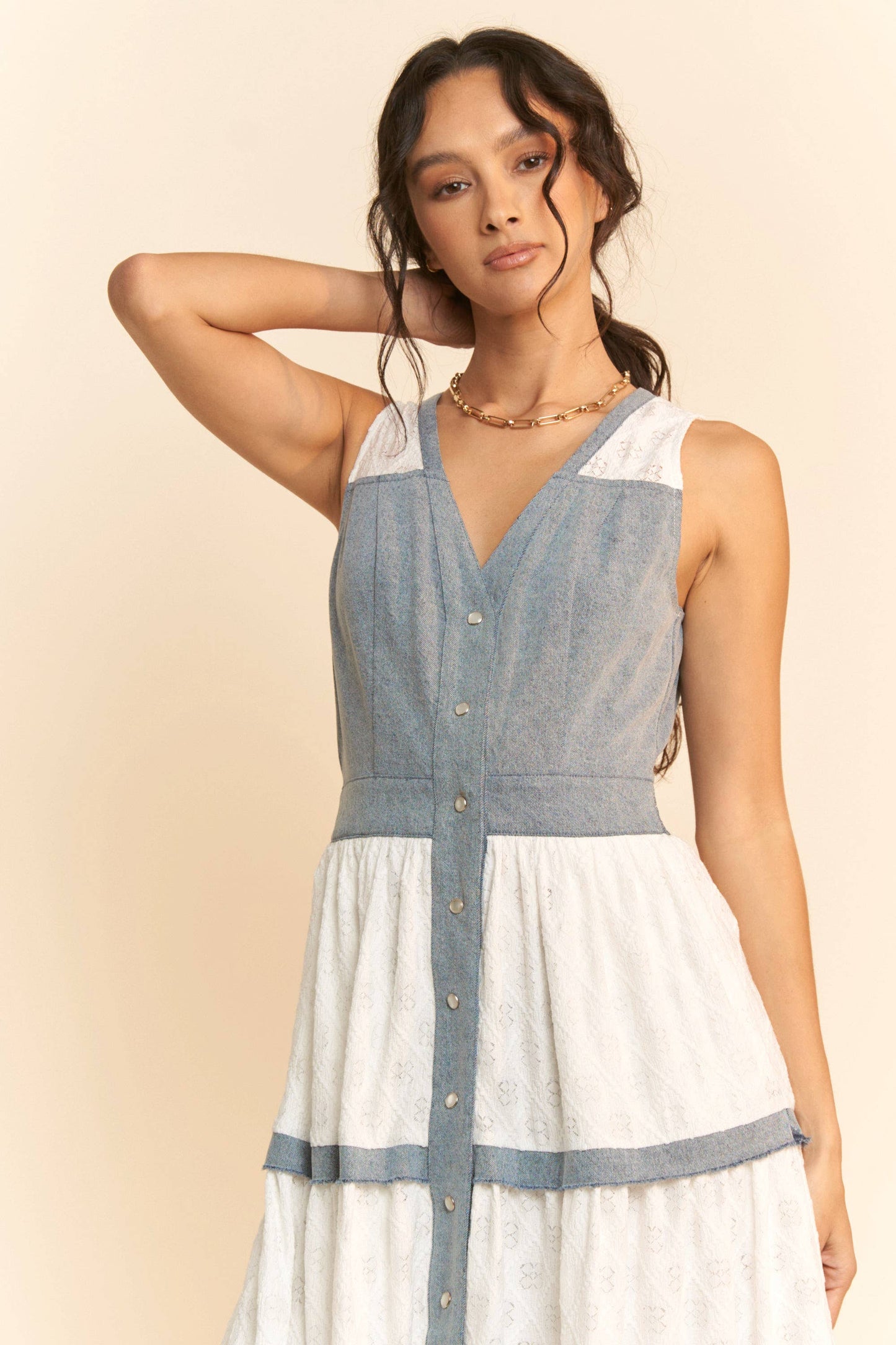 Down A Hidden Lane Denim & Lace Dress
