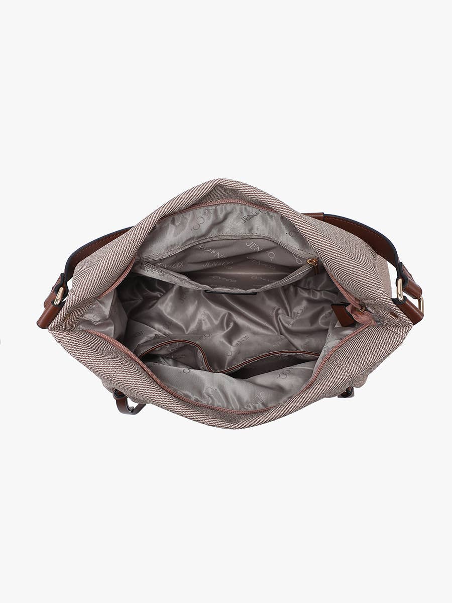 Hailey Faux Canvas Hobo w/ Dual Front Zip Pockets: Beige/Brown