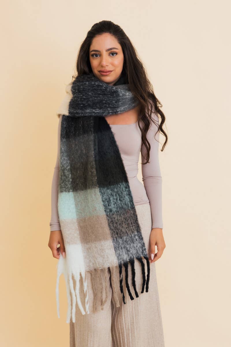 Cup Of Cozy (Blue) Long Fringe Plaid Scarf