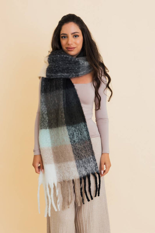 Cup Of Cozy (Blue) Long Fringe Plaid Scarf