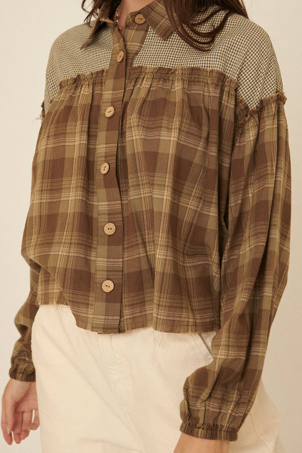 Open Skies (Olive) Plaid Ruffle Seam Top