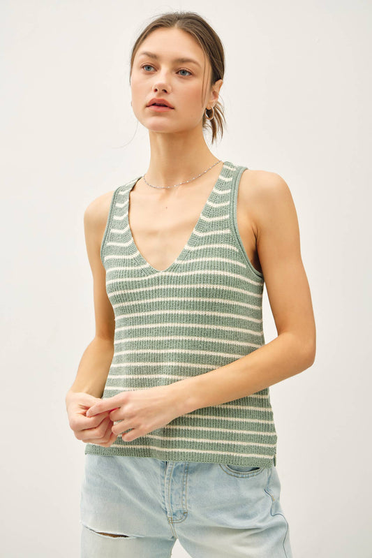 Keep In Line (Sage) Stripe Sweater Tank