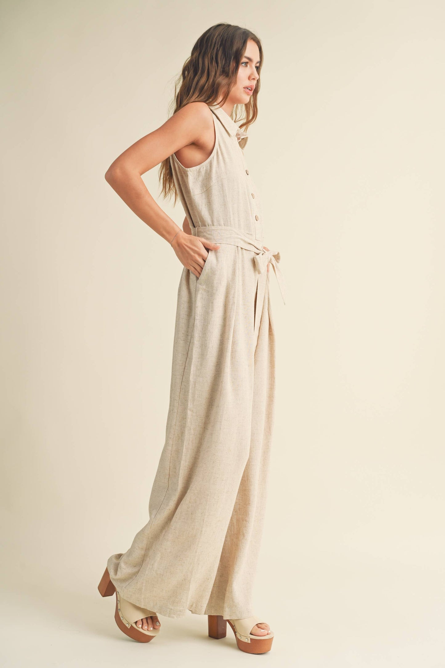 All Business (Oatmeal) Linen Jumpsuit